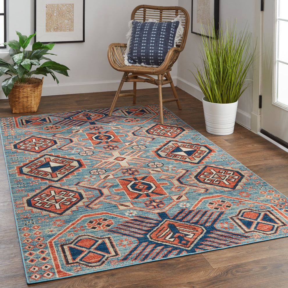 Weave & Wander Kezia Rug, River Blue/Red Orange, 10ft x 13ft-2in