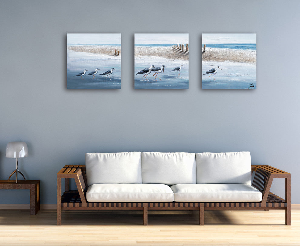 "A Clan of Seagulls" Hand Painted Canvas Art, 60"x20"