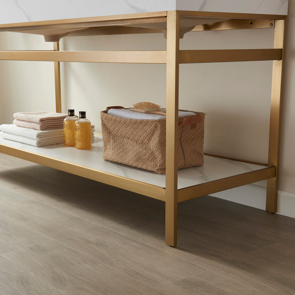 Funes Bath Vanity without Mirror, Brushed Gold Hardware, 60" Double Sink, White Stone Top