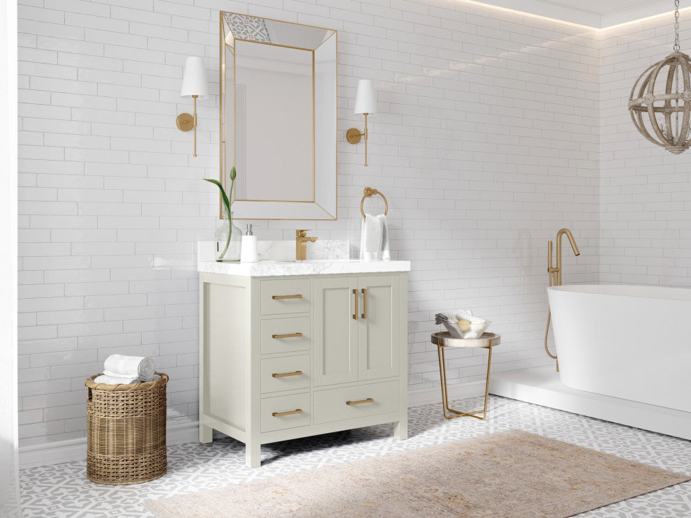 Malibu 36" Right Offset Bath Vanity in Fine Grain 1.5" Empira Quartz