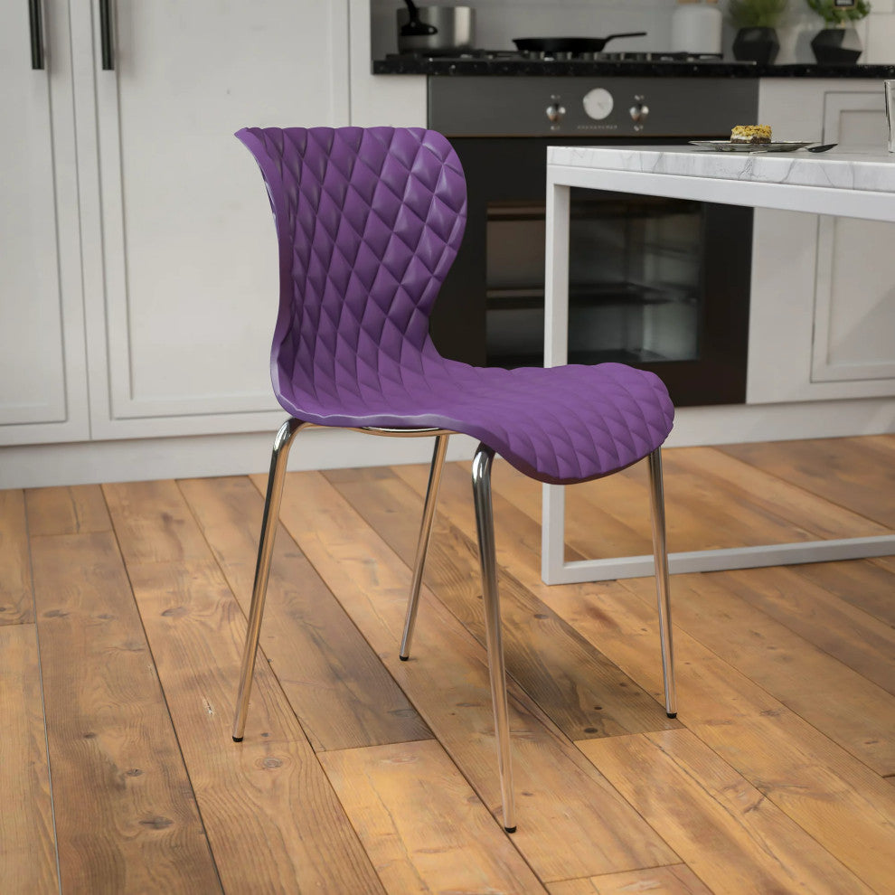 Set of 4 Stackable Dining Chair, Ripple Diamond Patterned Seat, Purple