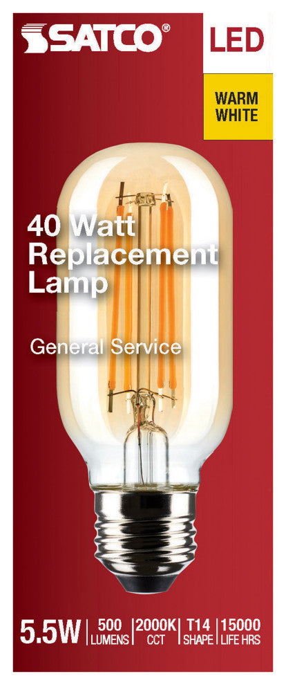 5.5W T14 LED, Clear, Medium Base, 2000K, 500 Lumens, 120V