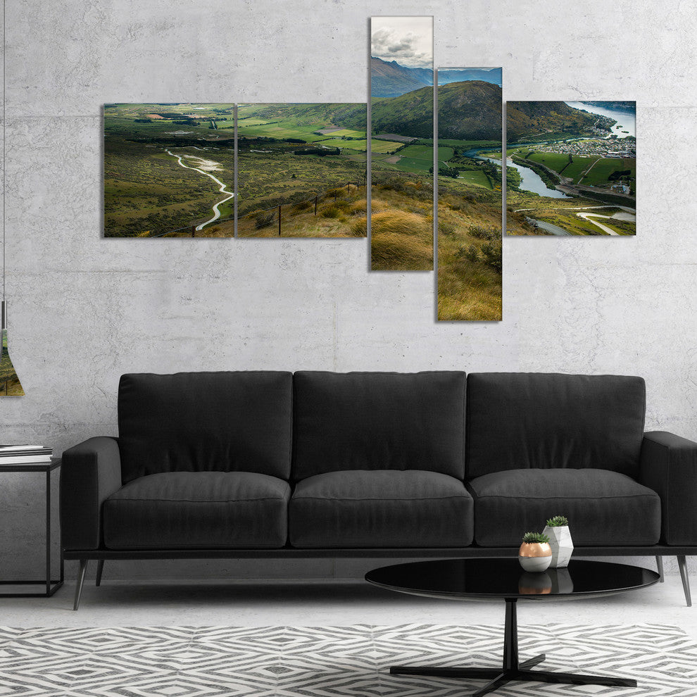 Fields and Hills in New Zealand, Landscape Photo Canvas Print, 60"x32", 5 panels