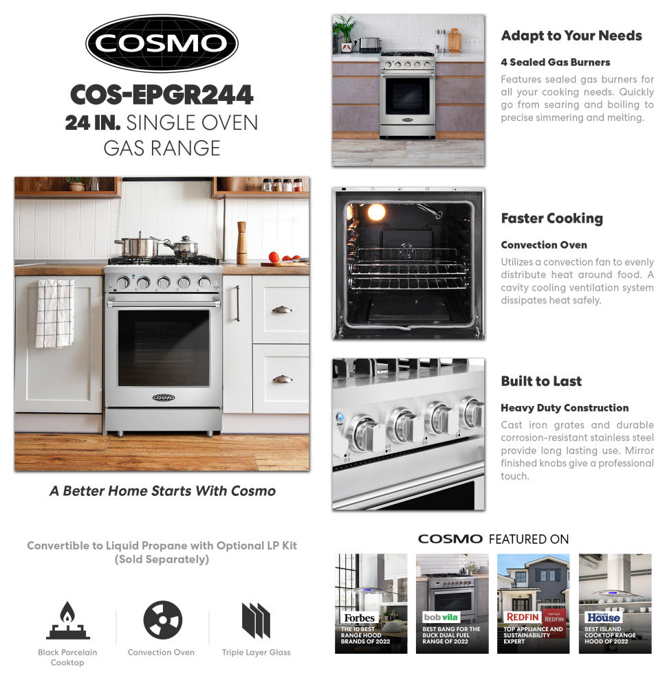 24" Slide-In Freestanding Gas Range With 4 Sealed Burners, Cast Iron Grates