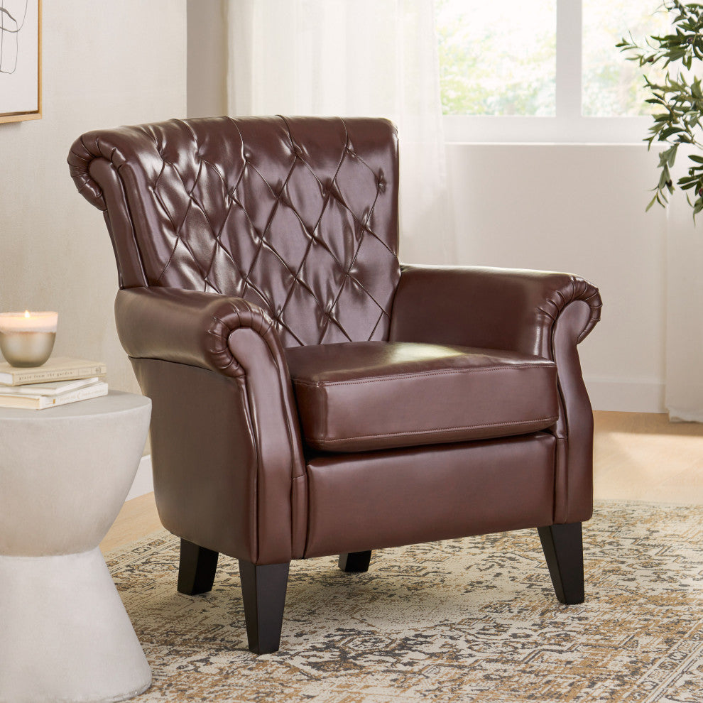 GDF Studio Tufted Leather Club Chair, Chestnut Brown and Dark Brown