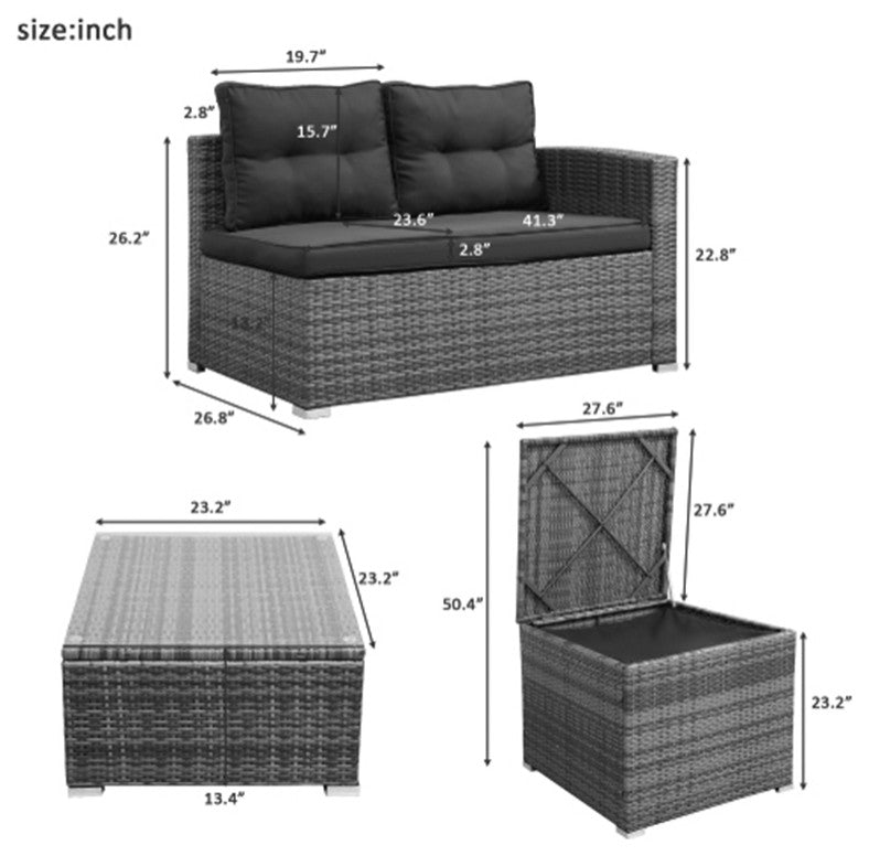 4 Pcs Outdoor Pe Rattan Wicker Sectional Sofa Set With Large Storage Box