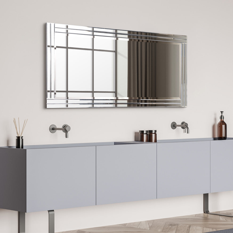 Stepped Beveled Rectangle Wall Mirror, Solid Wood Frame, 1" Center Mirror, 24" X 54"