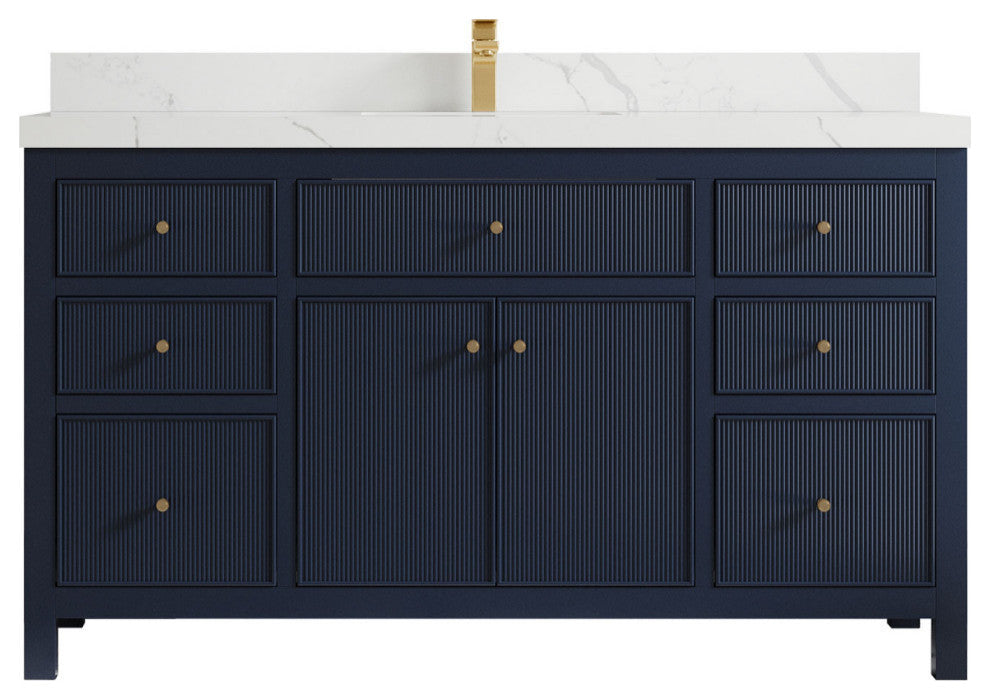 Sonoma 60 Single Sink Reeded Bathroom Vanity in Hale Navy Blue 2" Calacatta Laza