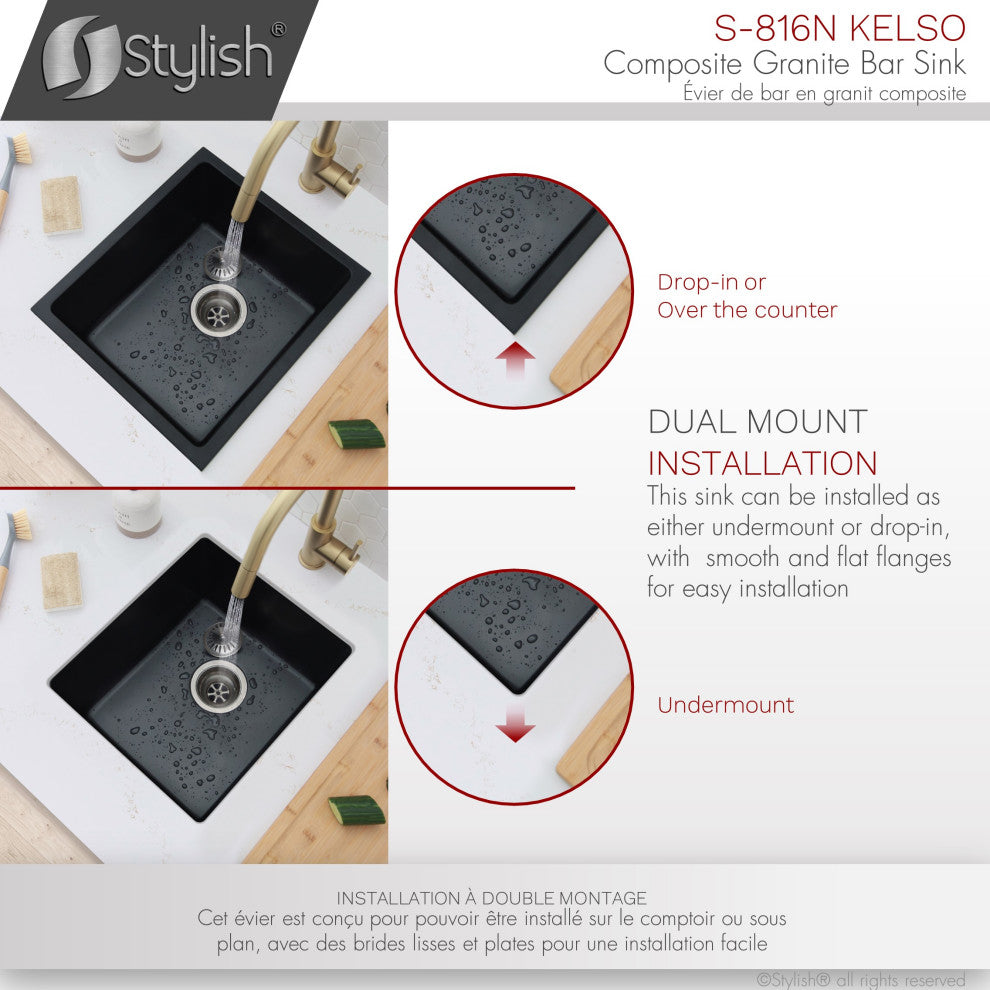 STYLISH 16"Dual Mount Single Bowl Black Granite Kitchen Sink