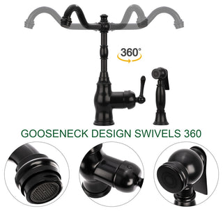 One-Handle Copper Widespread Kitchen Faucet with Side Sprayer, Matte Black
