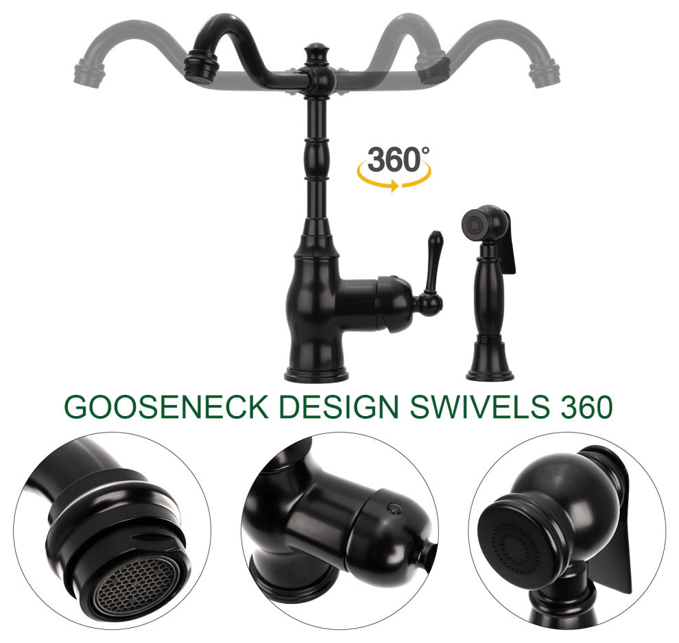 One-Handle Copper Widespread Kitchen Faucet with Side Sprayer, Matte Black