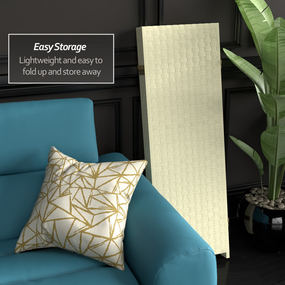 4' Tall Woven Fiber Room Divider, Cream, 4 Panel