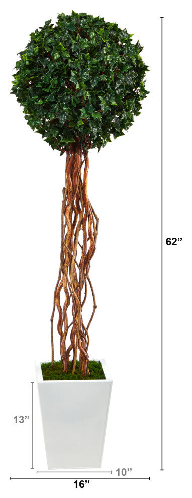 62" English Ivy Single Ball Faux Topiary Tree, Metal Planter Indoor/Outdoor