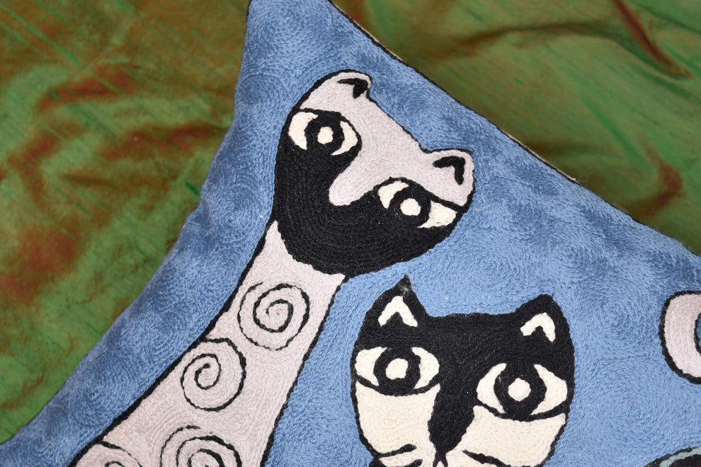 Lumbar Cat Pillow Cover Blue Cute Cat Cushion Cat Face Pillow Handmade Wool14x20