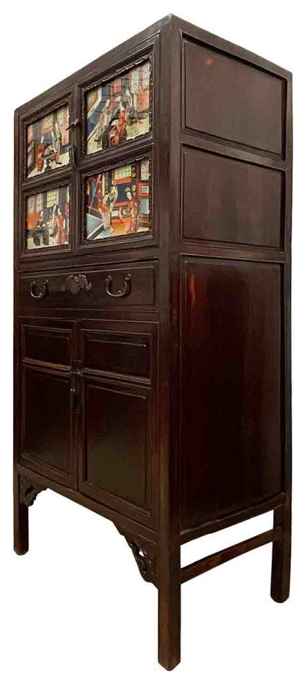 Consigned Antique Chinese Carved Fujian ArmoireWith Reverse Painting Glass Doors