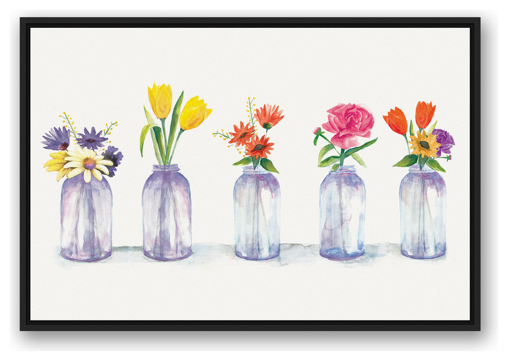 Painted Flowers in Glass Jars Print 24x36 Black Floating Framed Canvas