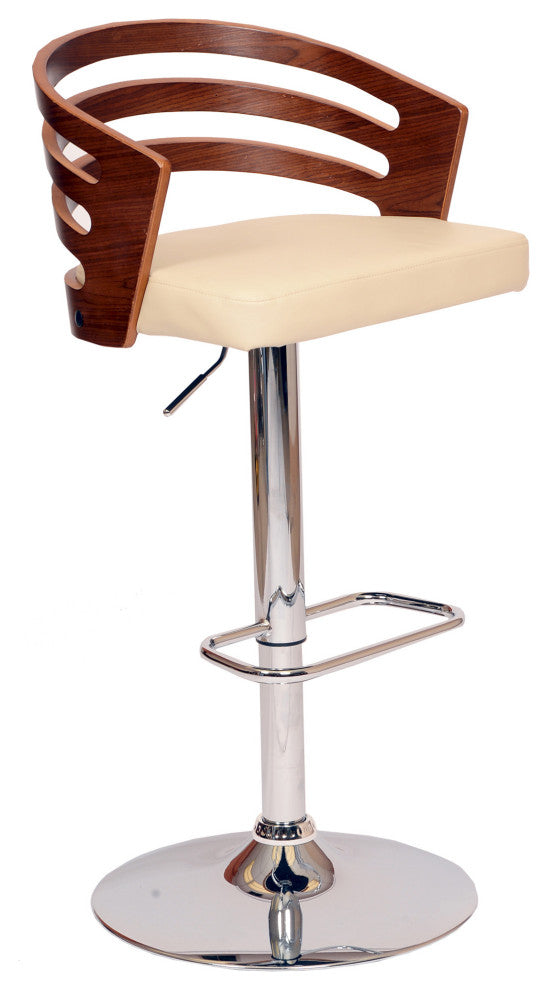 Cream Faux Leather Walnut and Chrome Adjustable Swivel Bar Stool