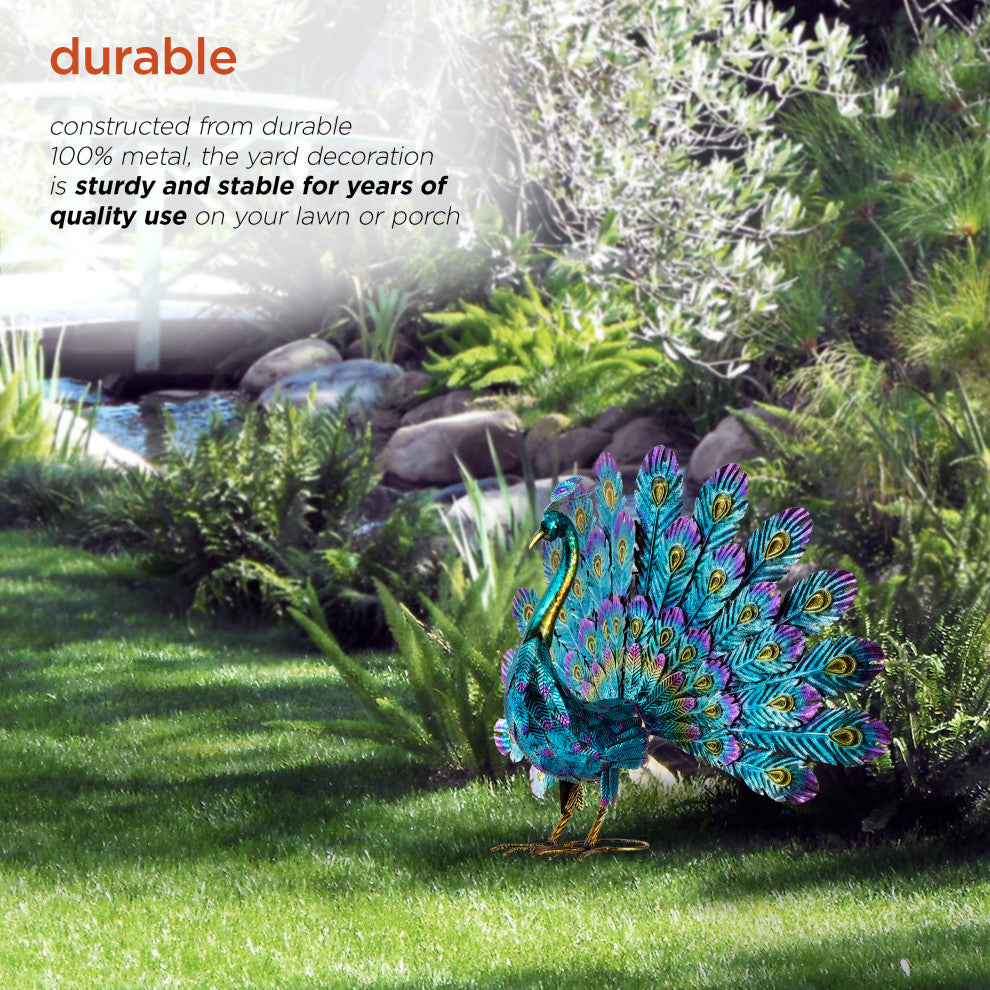 Alpine Metal Peacock Outdoor Statue, 22"Tall