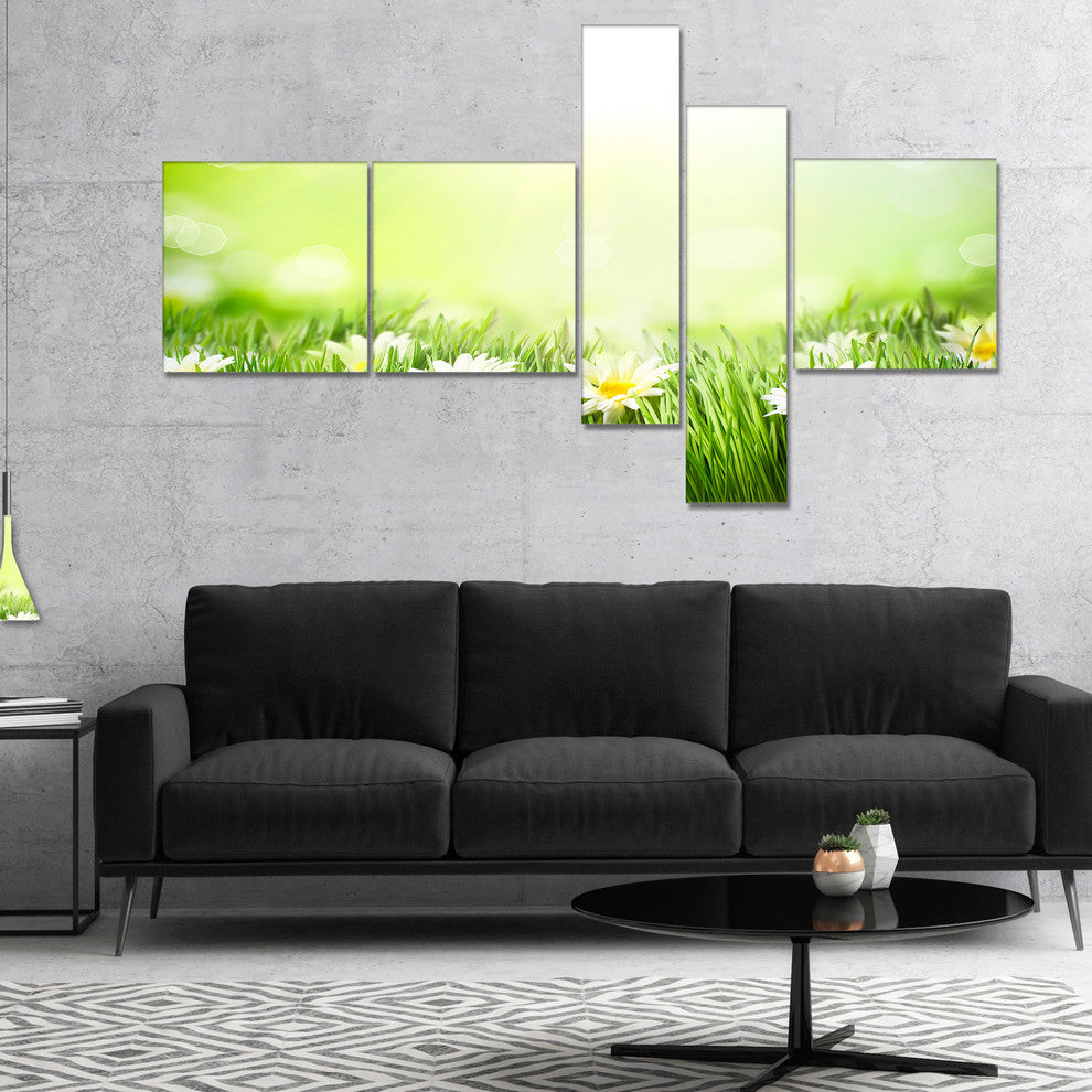 Spring Meadow with Daisies, Abstract Canvas Wall Art, 60"x32", 5 panels