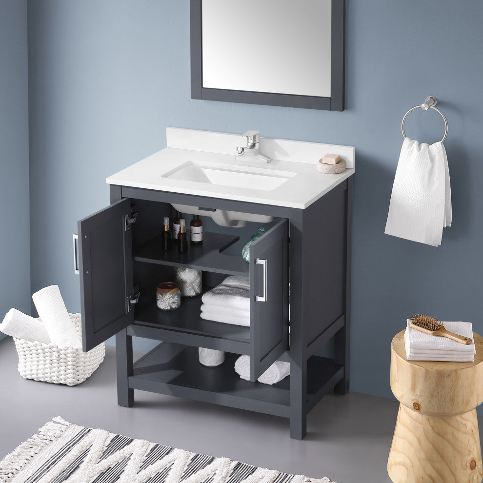 Ove Decors Vegas Single Sink Bathroom Vanity Set With Countertop, White, Dark Charcoal, 30"