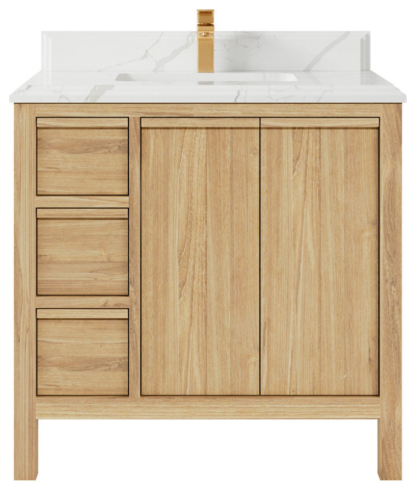 Elizabeth 36 Center Sink Bath Vanity in Light Natural Teak 1.5" Calacatta Laza