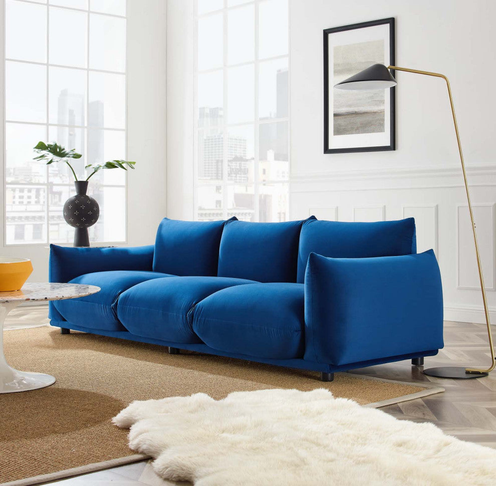 Sofa, Velvet, Blue Navy, Modern, Living Lounge Room Hotel Lobby Hospitality