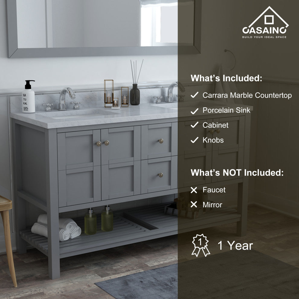 CASAINC 60" Marble Top Luxury Double Sink Bathroom Vanity, Gray