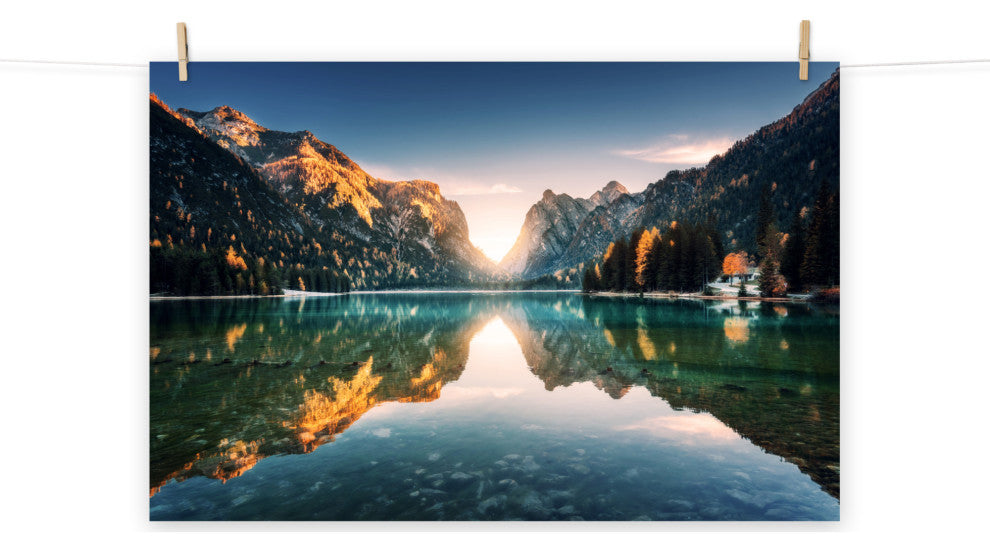 Sunrise Misty Mountain Lake Lively Color Landscape Photo Loose Wall Art Print, 8" X 10"