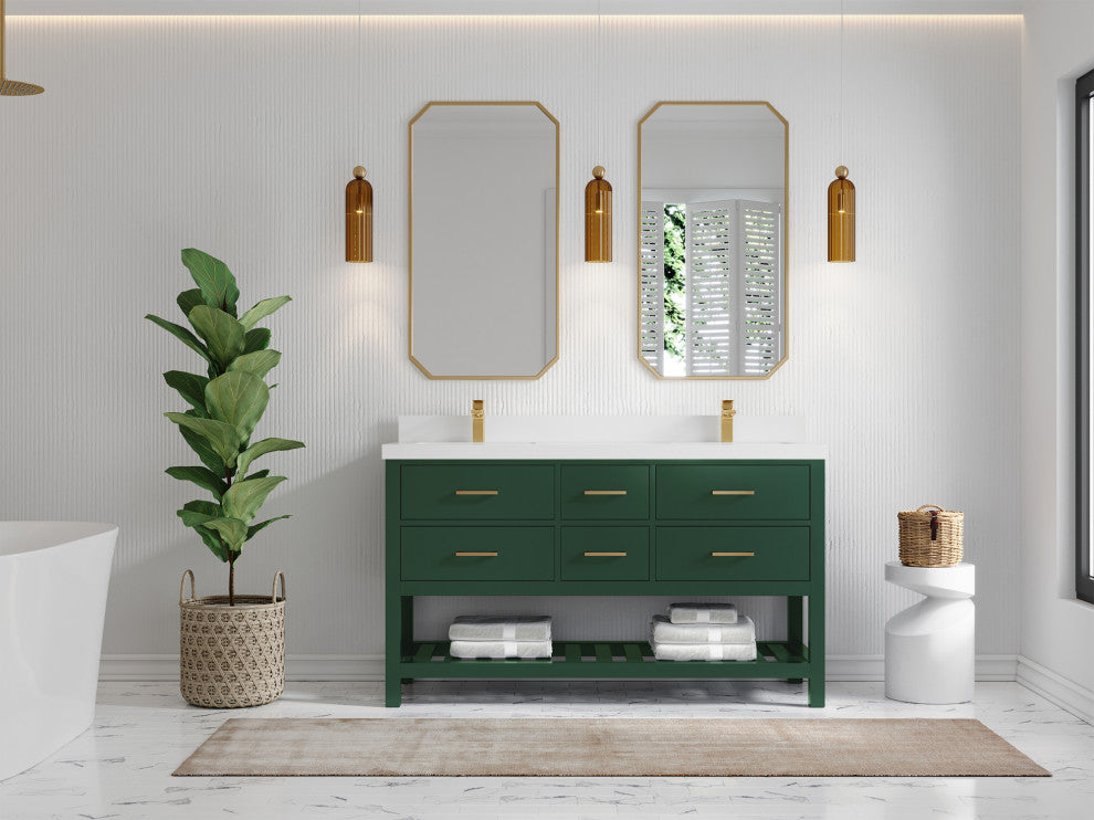 Parker 60 Double Sink Bathroom Vanity in Lafayette Green  2" White Quartz