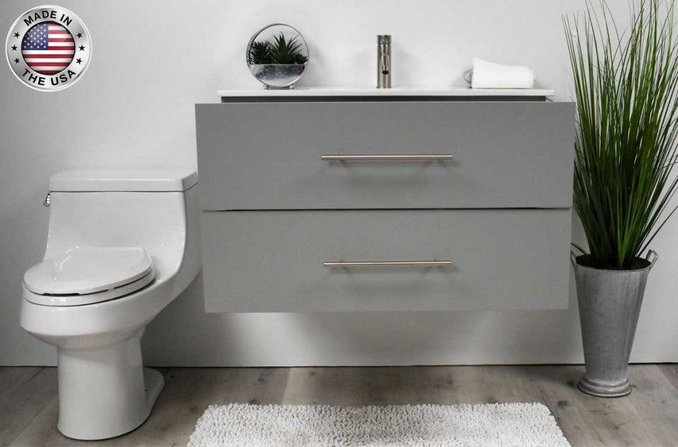 Napa 36" Modern Floating Bathroom Vanity With Ceramic Top and Round Handles, Gray