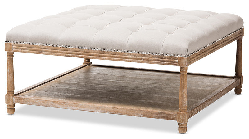 Carlotta French Country Weathered Oak Beige Linen Square Coffee Table Ottoman