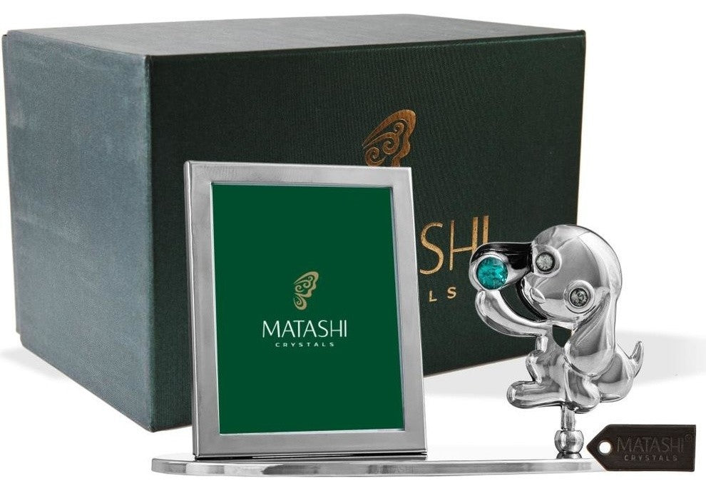 2018 Year of the Dog Chrome Plated Silver Puppy Picture Frame w/ Green Crystal