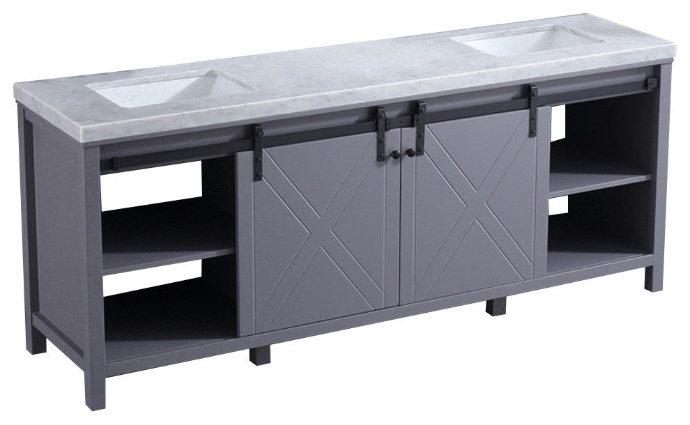 Marsyas 84" Dark Gray Double Vanity, White Marble Top, White Sinks, No Mirror