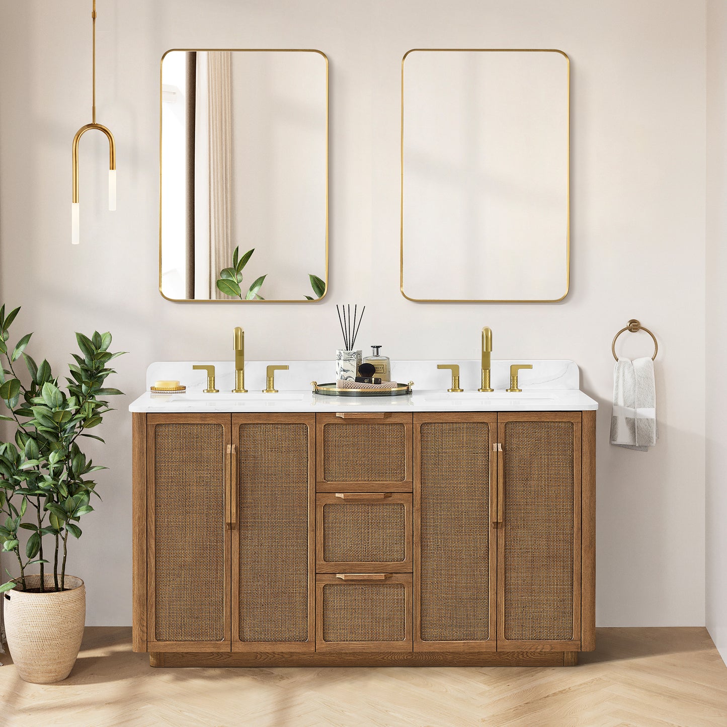 Busan Bath Vanity, Quartz Top No Mirror, Oak Classic Brown, 60", Double Vanity