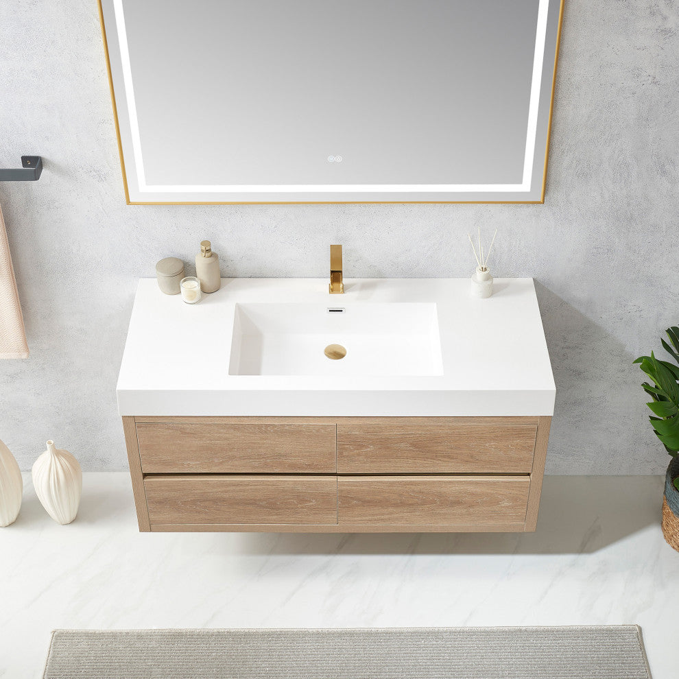 Palencia Floating Bath Vanity With Composite Stone Top, North American Oak, 48", No Mirror
