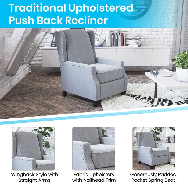 Prescott Push Back Wingback Recliner Chair- Fabric Upholstery-Accent Nail Trim, Gray