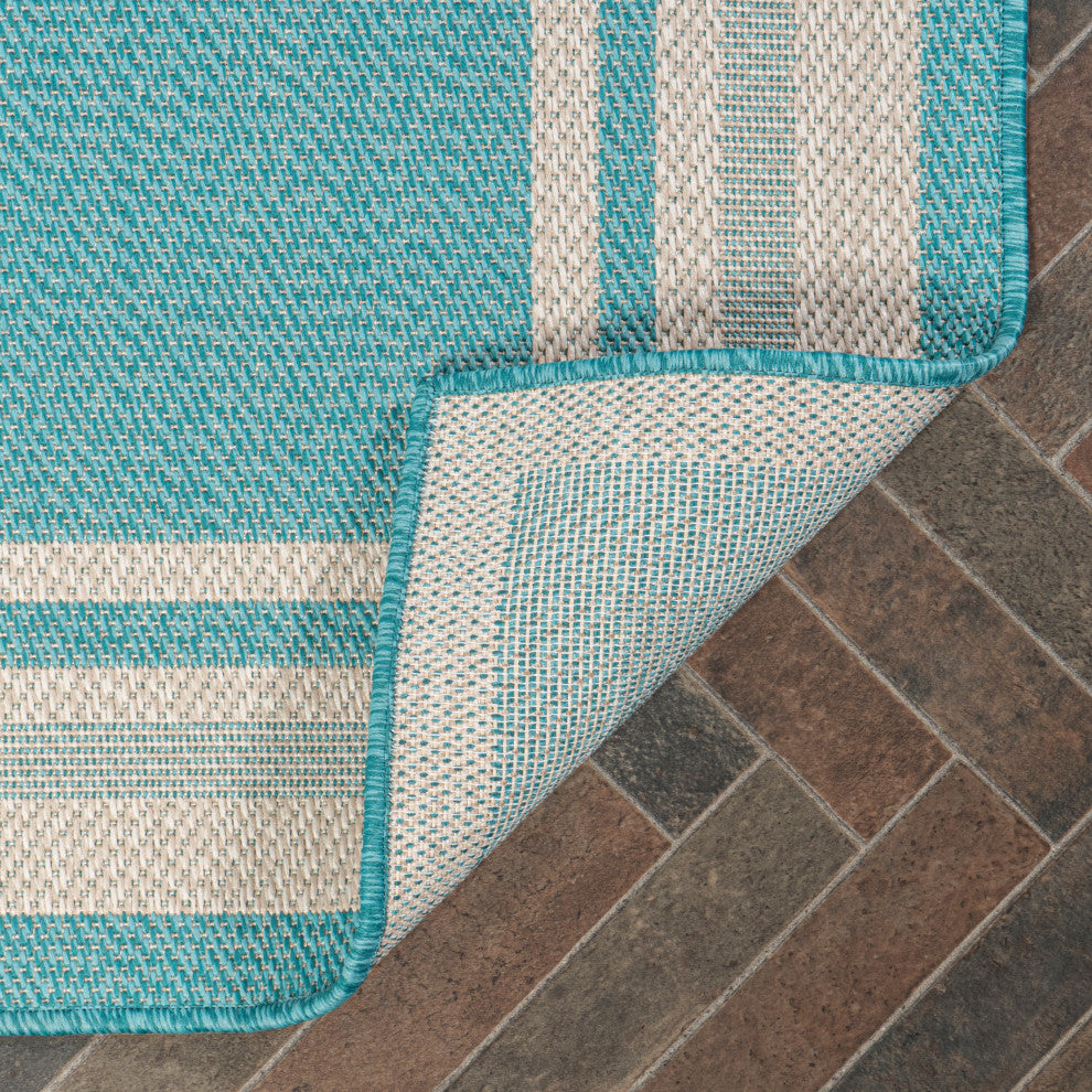 James Modern Border Stripe Indoor/Outdoor Area Rug, Aqua/Beige, 8x10
