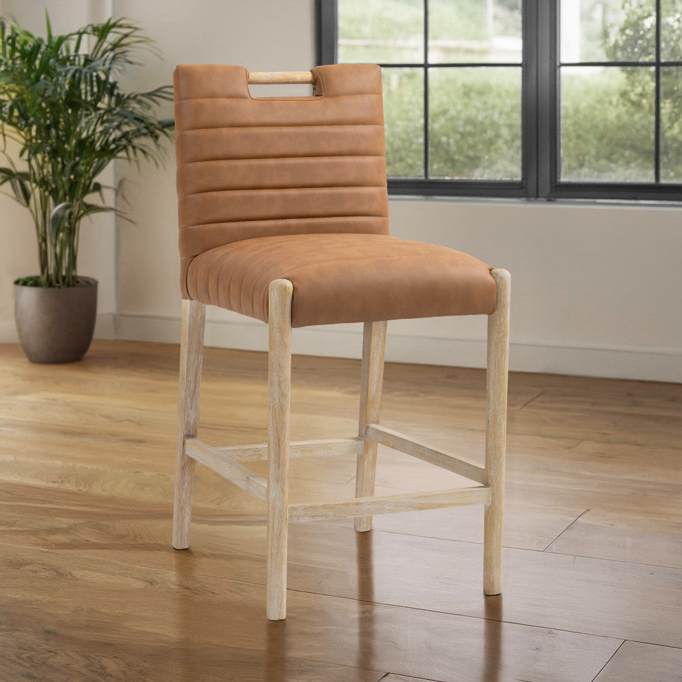 Aimee Upholstered Counter Stool, Cognac, Vegan Leather, Natural Oak Finish