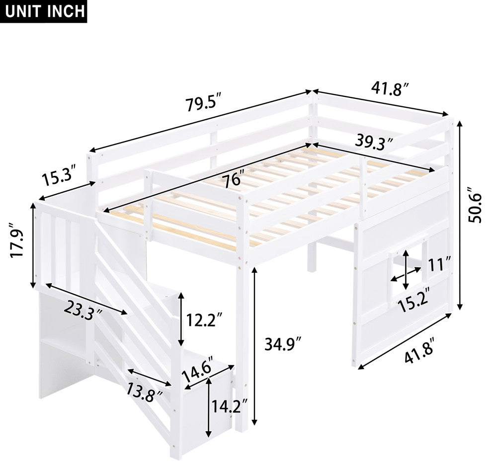 Gewnee Twin Size Loft Bed with Storage Staircase and Window