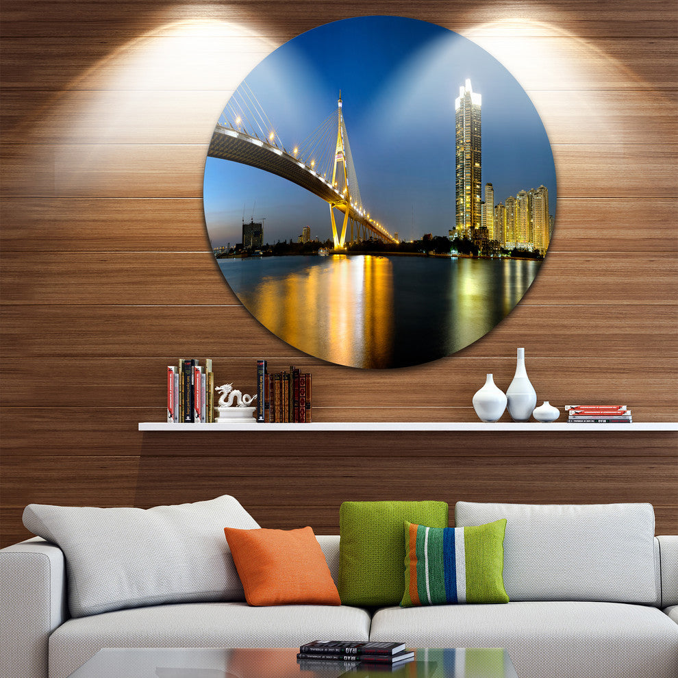 Lit-Up Bhumibol Bridge At Dusk, Cityscape Round Wall Art, 11"