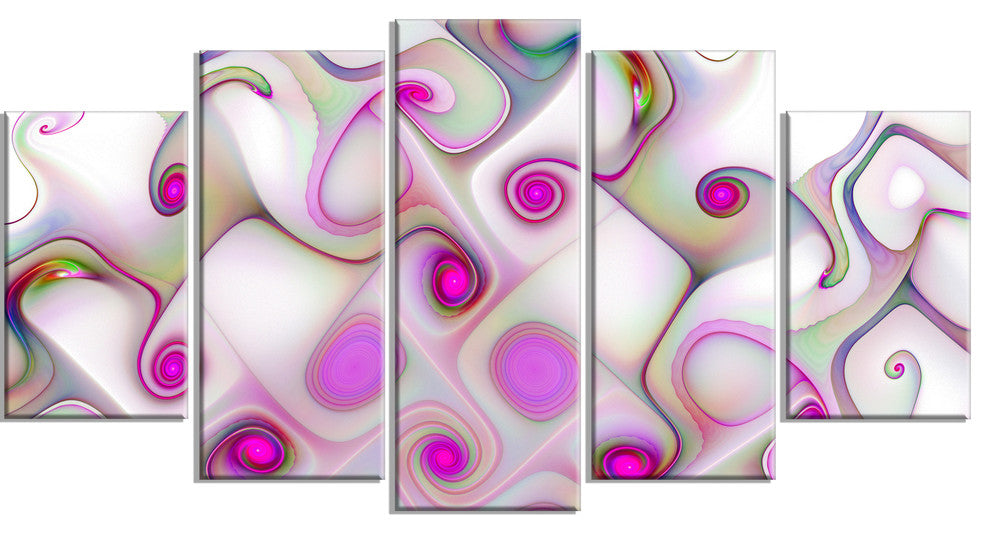 Pink Fractal Pattern with Swirls, Abstract Canvas Wall Art, 60"x32", 5 Panels