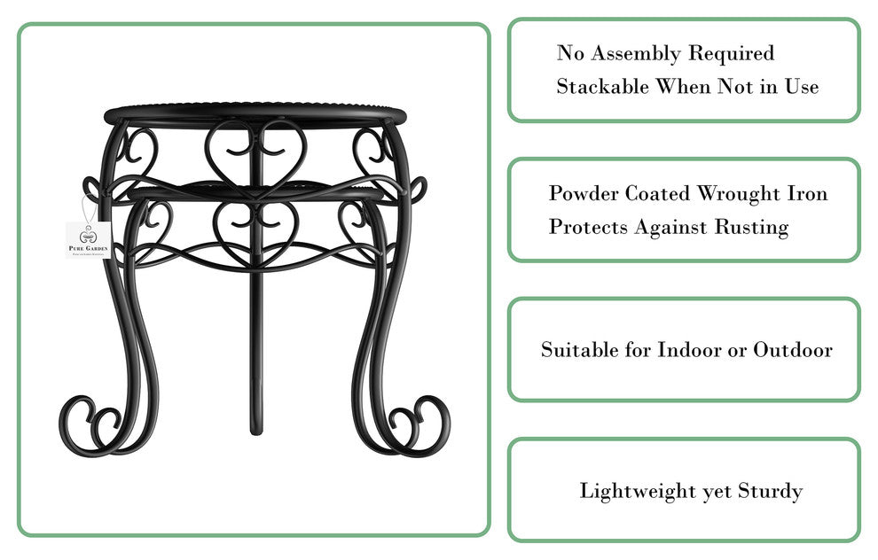 Pure Garden Set of 2 Nesting Metal Round Plant Stands, Black