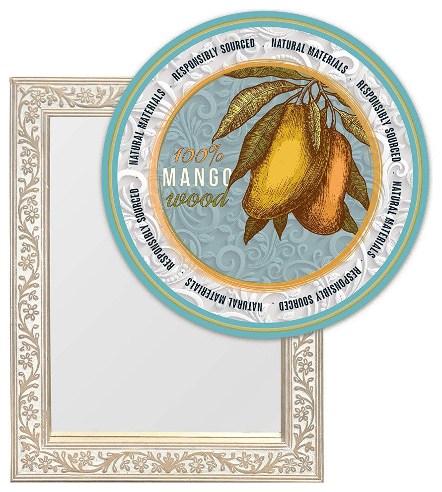 Mango Wood Rectangular Wall Mirror Vintage Carving, Rustic White, Gold Patina