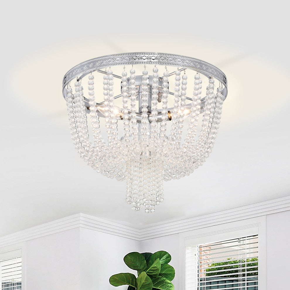 Helena 3-Light Glam Flush Mount Ceiling Light With Crystal Beads, Chrome