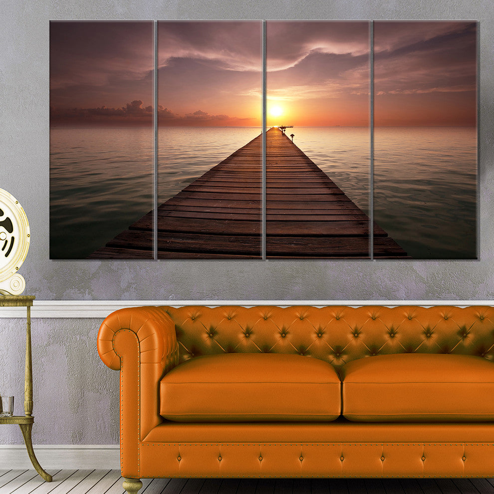 Seashore Boardwalk into the Sun, Seashore Canvas Art Print, 48"x28", 4 Panels
