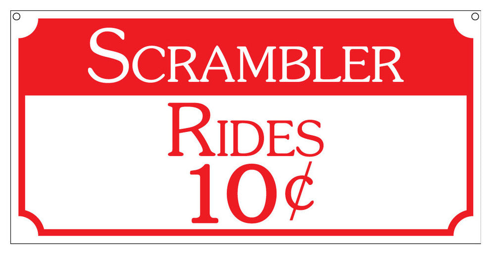 Scrambler Rides 10C, Aluminum Retro Boardwalk Carnival Fair Sign, 6"x12"