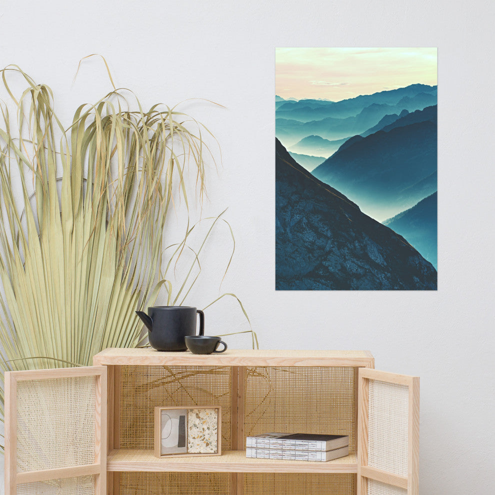 Misty Blue Silhouette Mountain Range Landscape Photo Unframed Wall Art Prints, 24" X 36"