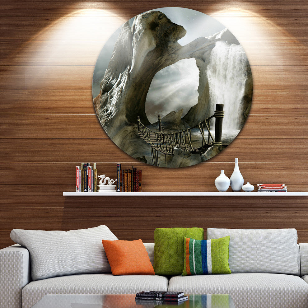 Trunk With Waterfall, Landscape Art Disc Metal Artwork, 11"