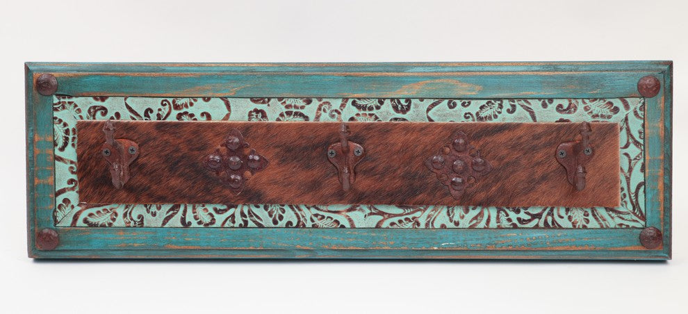 Turquoise Ranch Cowhide Leather Hat Rack