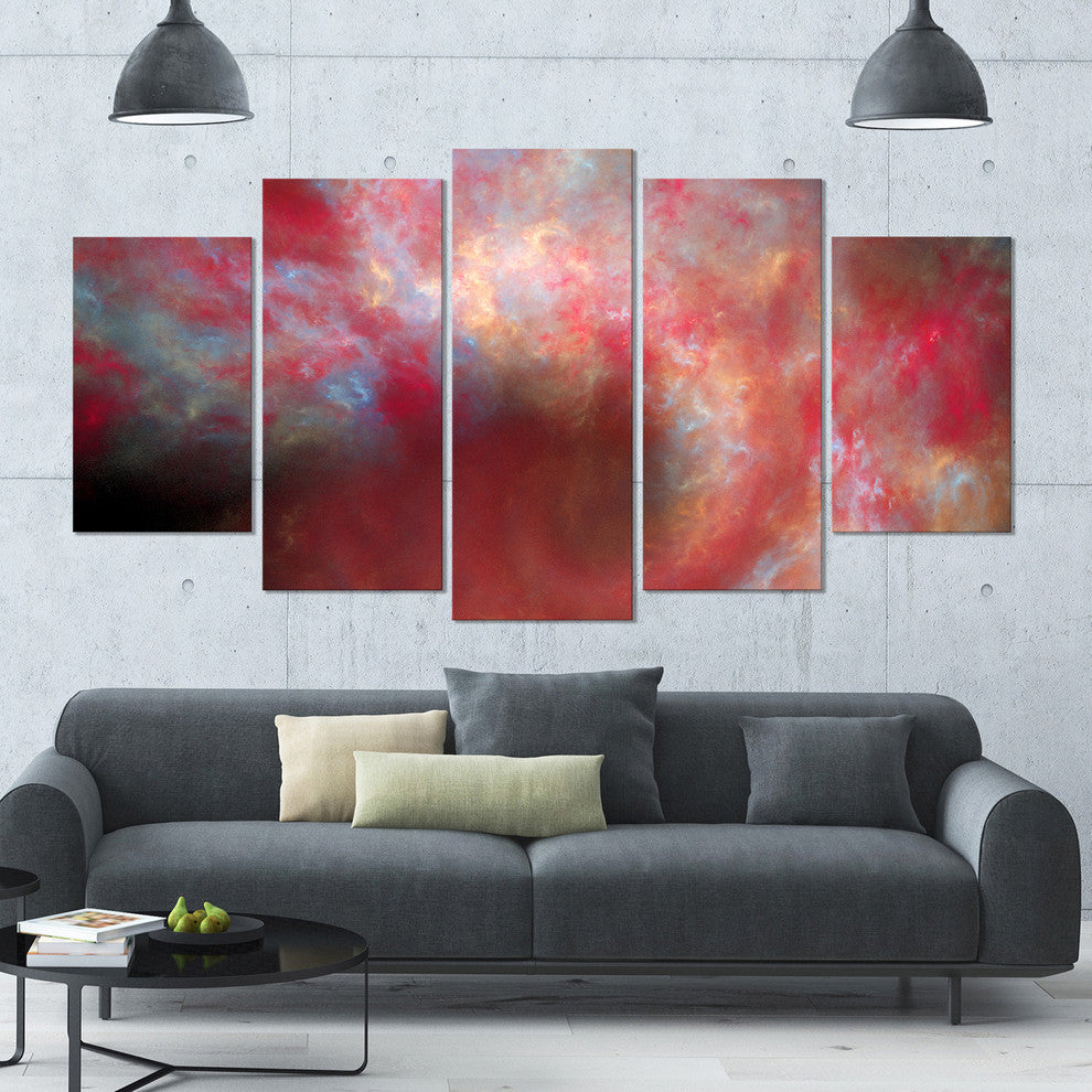 Red Starry Fractal Sky, Contemporary Canvas Art Print, 60"x32", 5 Panels